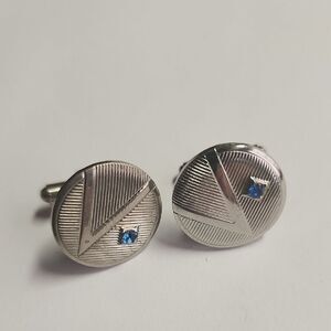Retro Silver Cufflinks with Blue Accent